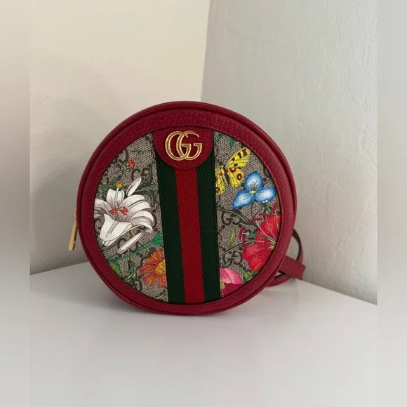 GUCCI GG Supreme Monogram Flora Mini Ophidia Round Backpack Red - Picture 3 of 9